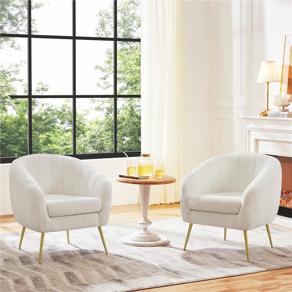 Ivory Tufted Boucle Barrel Accent Armchair with Gold Metal Legs M571