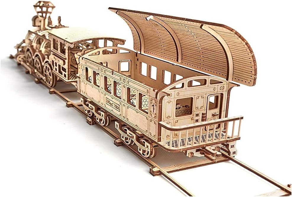 Wooden Toy Train Set with Railway - 34x7″ - Mechanical Model Kit - 3D Wooden Puzzle - DIY Toy Pack of 2 G4074