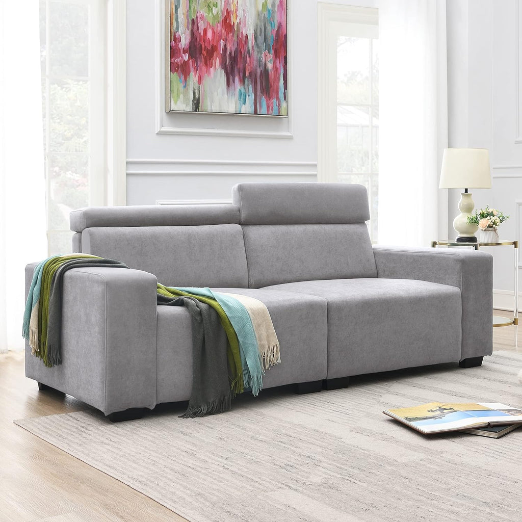 Light Grey Velvet Upholstered Sofa with Adjustable Headrests N136