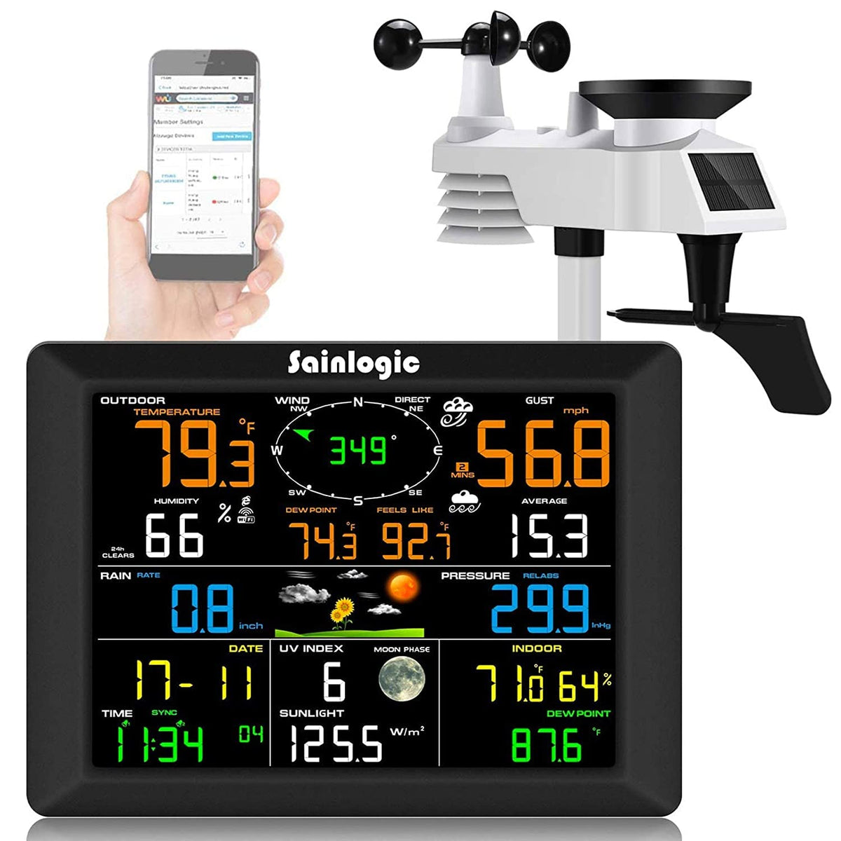 WiFi Weather Station with Outdoor Sensor, Rain Gauge, Wind Gauge (Black) A1530