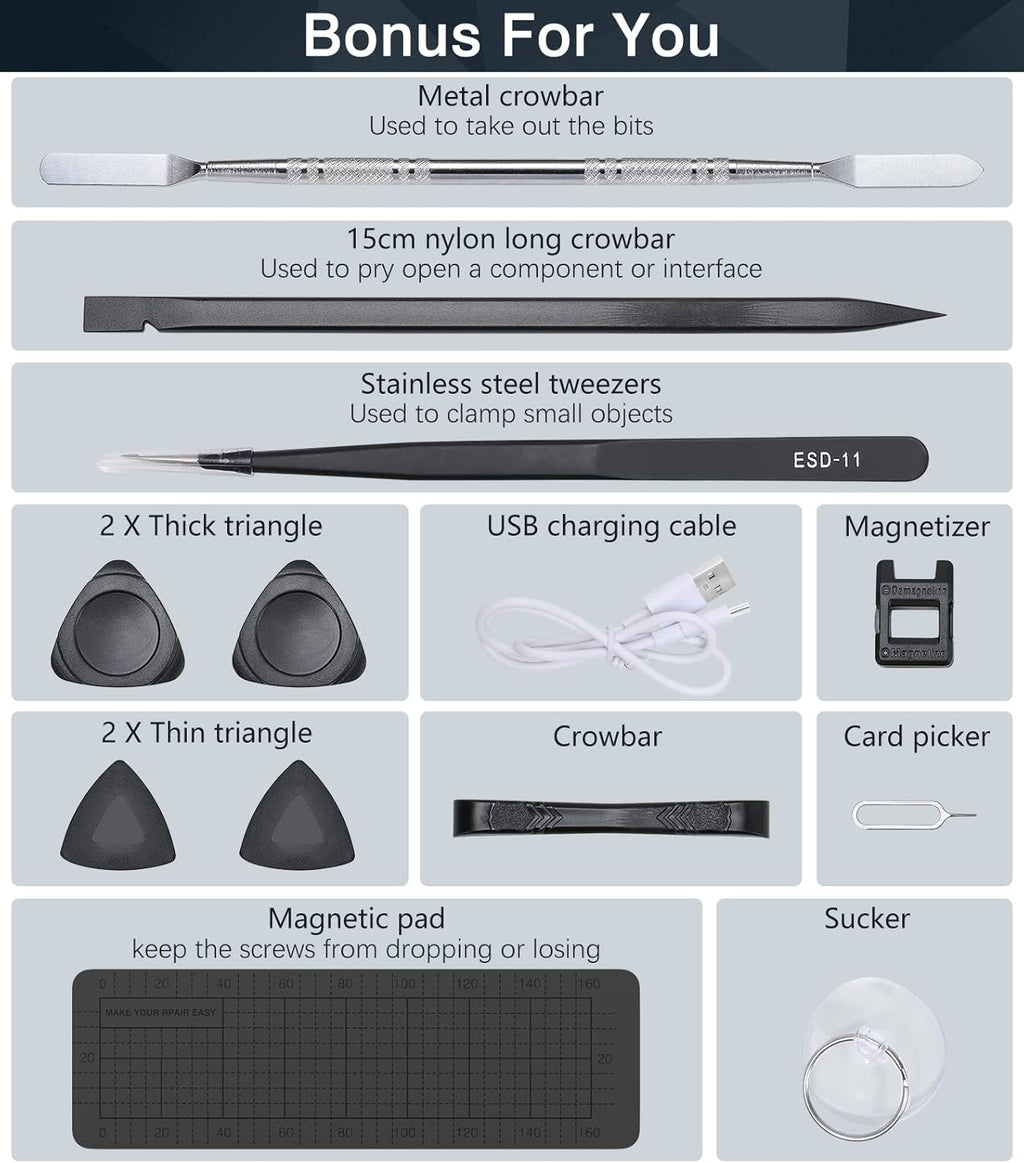 Mini Electric Screwdriver 62 In 1 Magnetic Screwdriver Kit with 48PCs Bits, Gray P7920