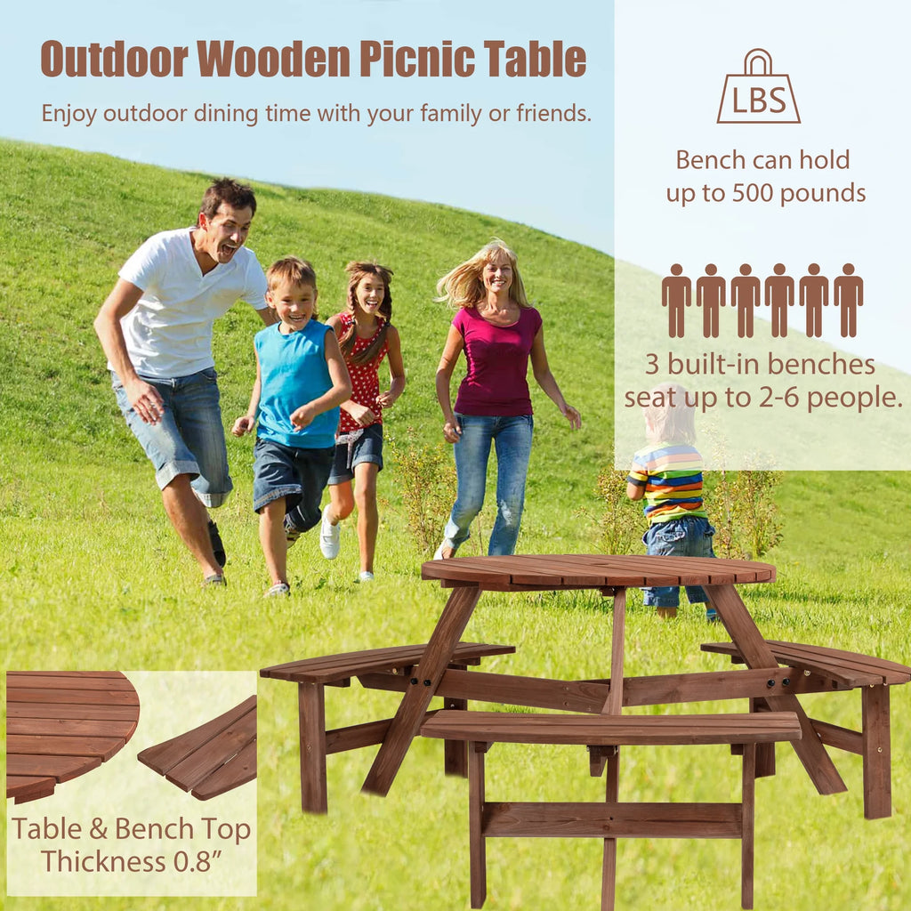 6-Person Outdoor Wooden Picnic Table with 3 Built-in Benches O551