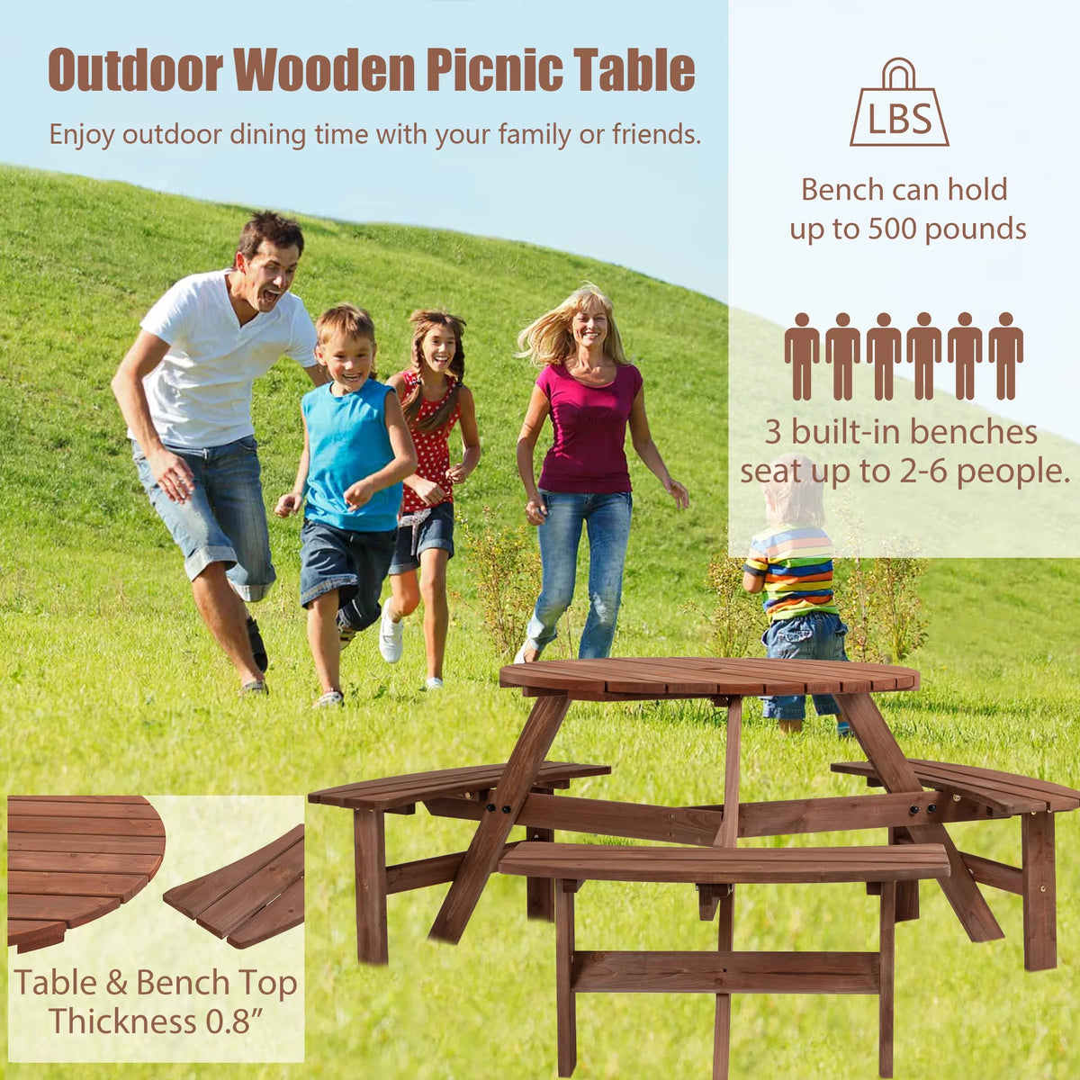 6-Person Outdoor Wooden Picnic Table with 3 Built-in Benches O551