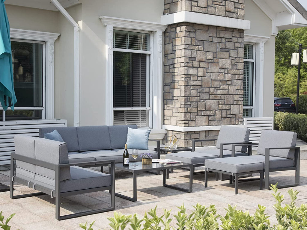 Grey 8 Piece Aluminum Outdoor Sectional Sofa with Ottomans and Coffee Table V27092