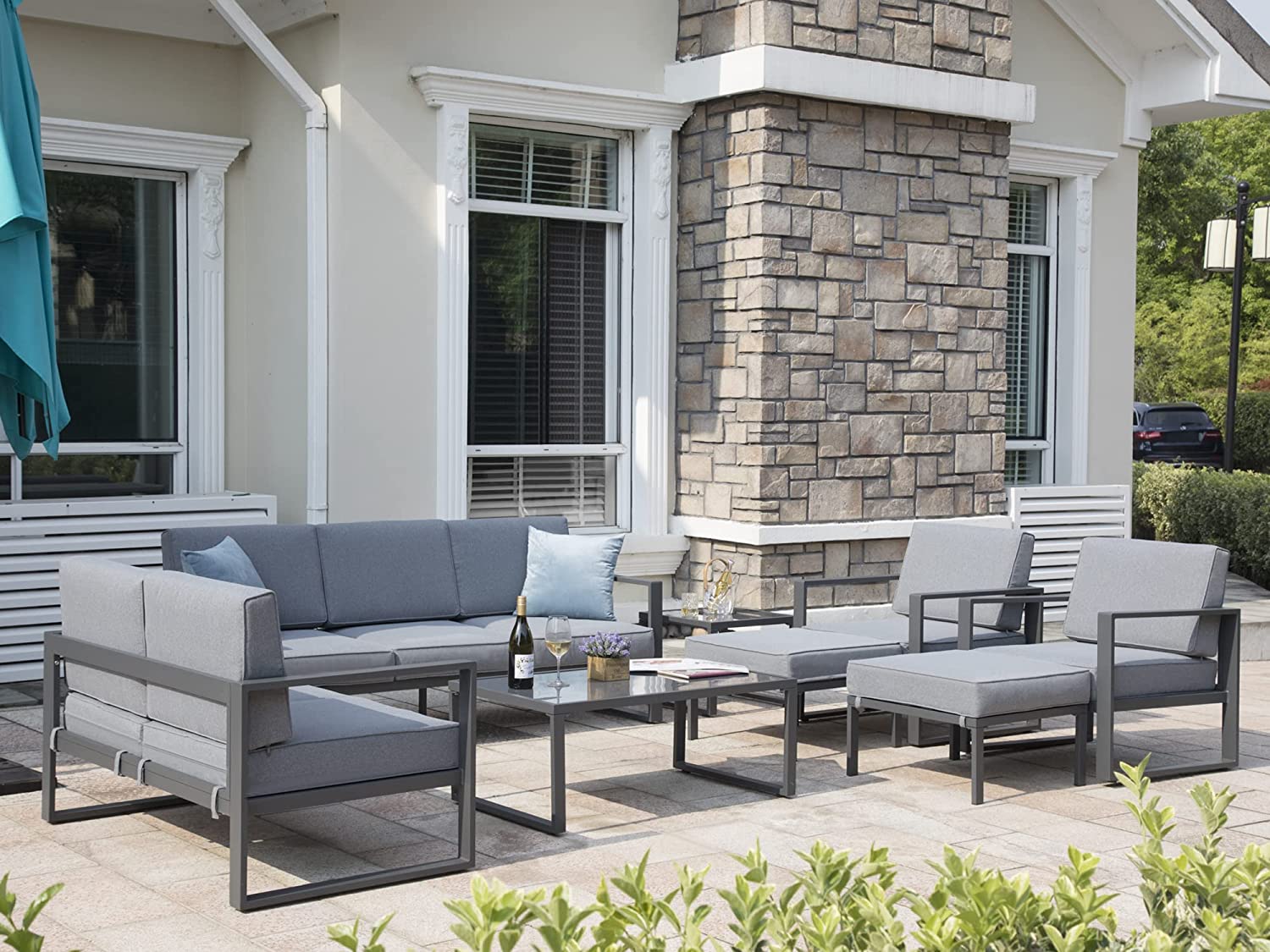 Grey 8 Piece Aluminum Outdoor Sectional Sofa with Ottomans and Coffee Table V27092