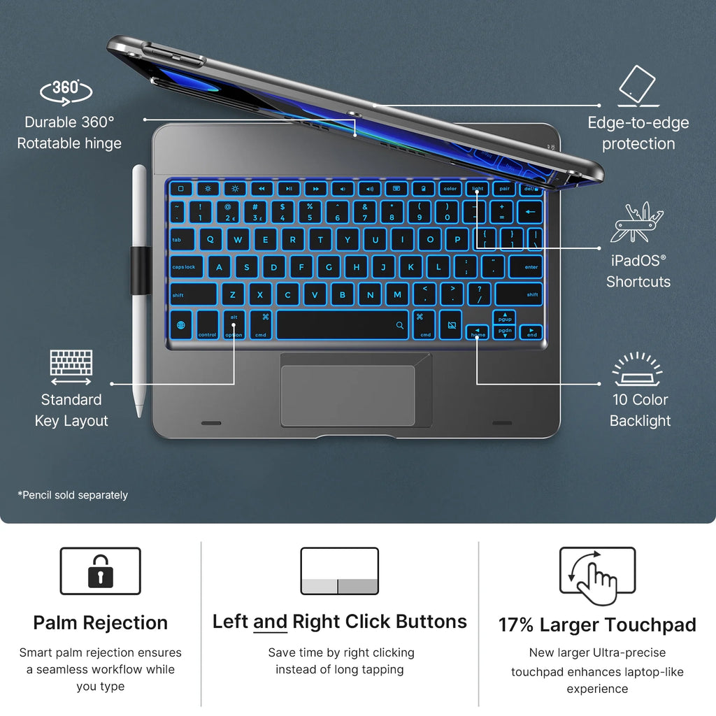 iPad Keyboard Case with Touch for 10.2-inch iPad 9th Generation, 8th Generation, 7th Gen, iPad Air 3, iPad Pro 10.5, Slim Cover with Pencil Holder, Space Gray Y711