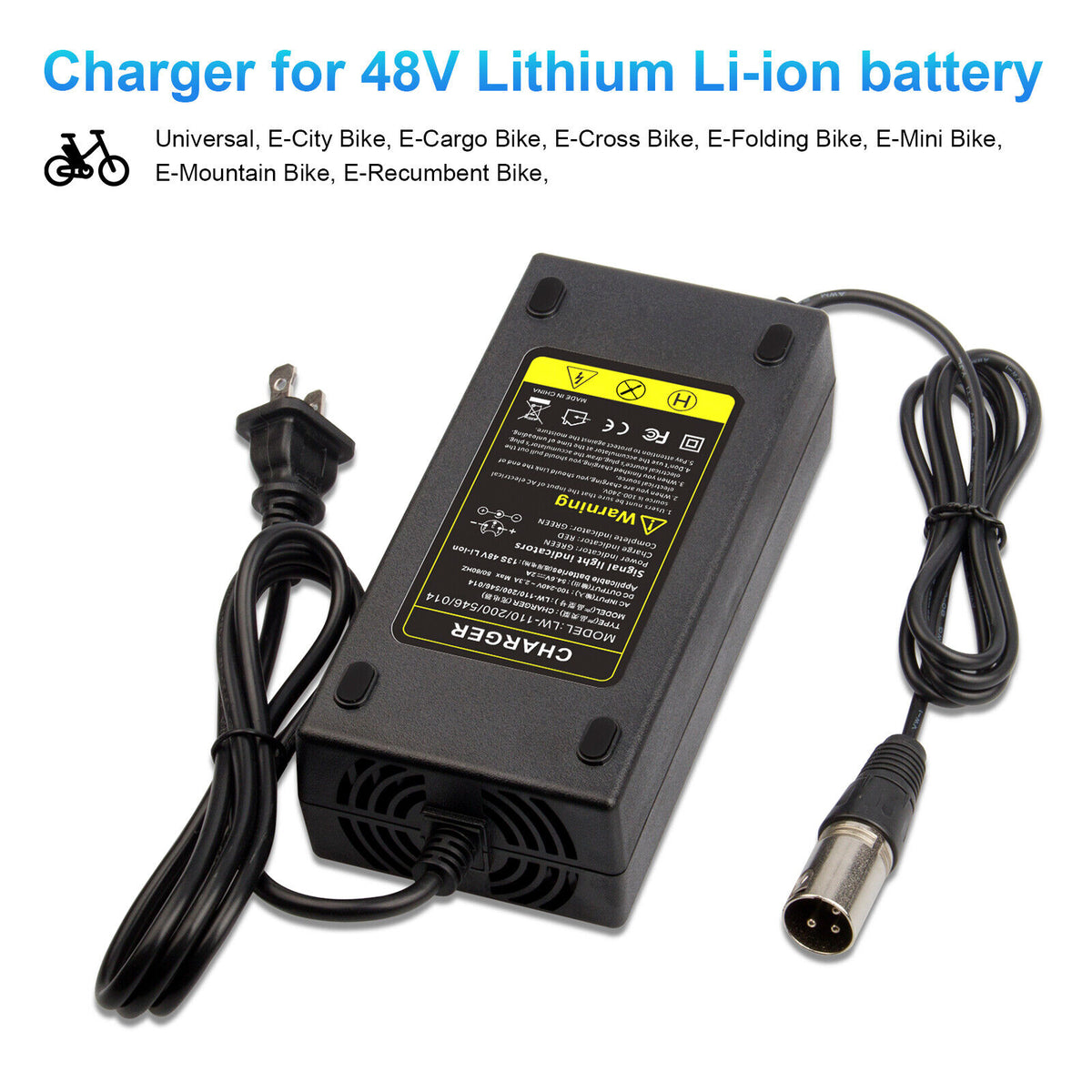54.6V 2A Charger Electric Bike for 48 Volt Li-Ion Battery Power Supply J1297