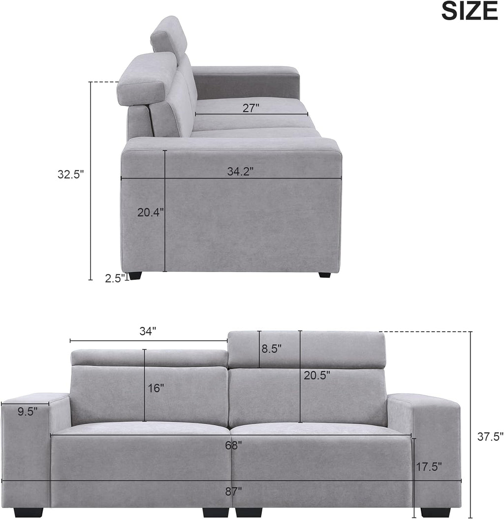 Light Grey Velvet Upholstered Sofa with Adjustable Headrests N136