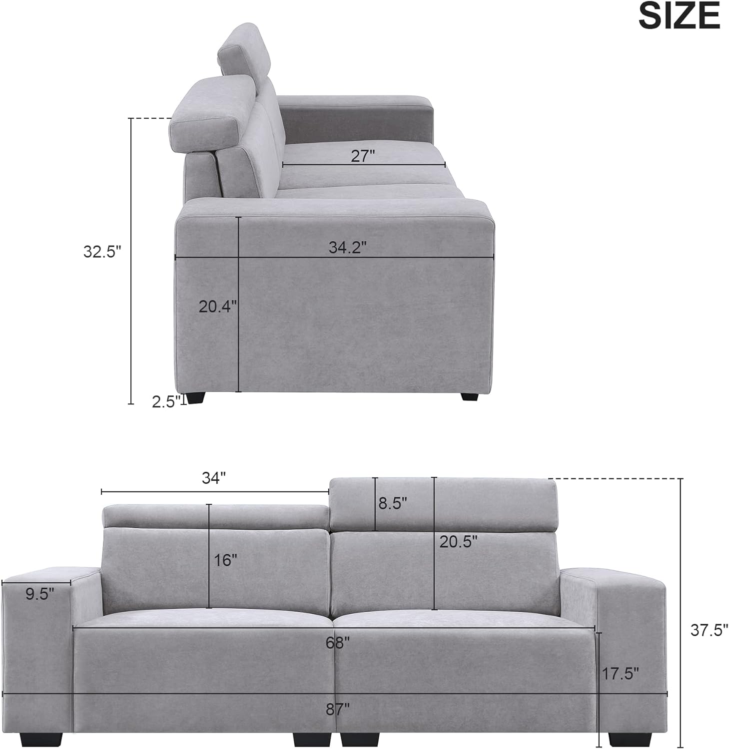 Light Grey Velvet Upholstered Sofa with Adjustable Headrests N136