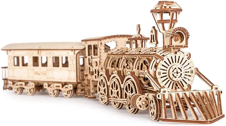 Wooden Toy Train Set with Railway - 34x7″ - Mechanical Model Kit - 3D Wooden Puzzle - DIY Toy Pack of 2 G4074