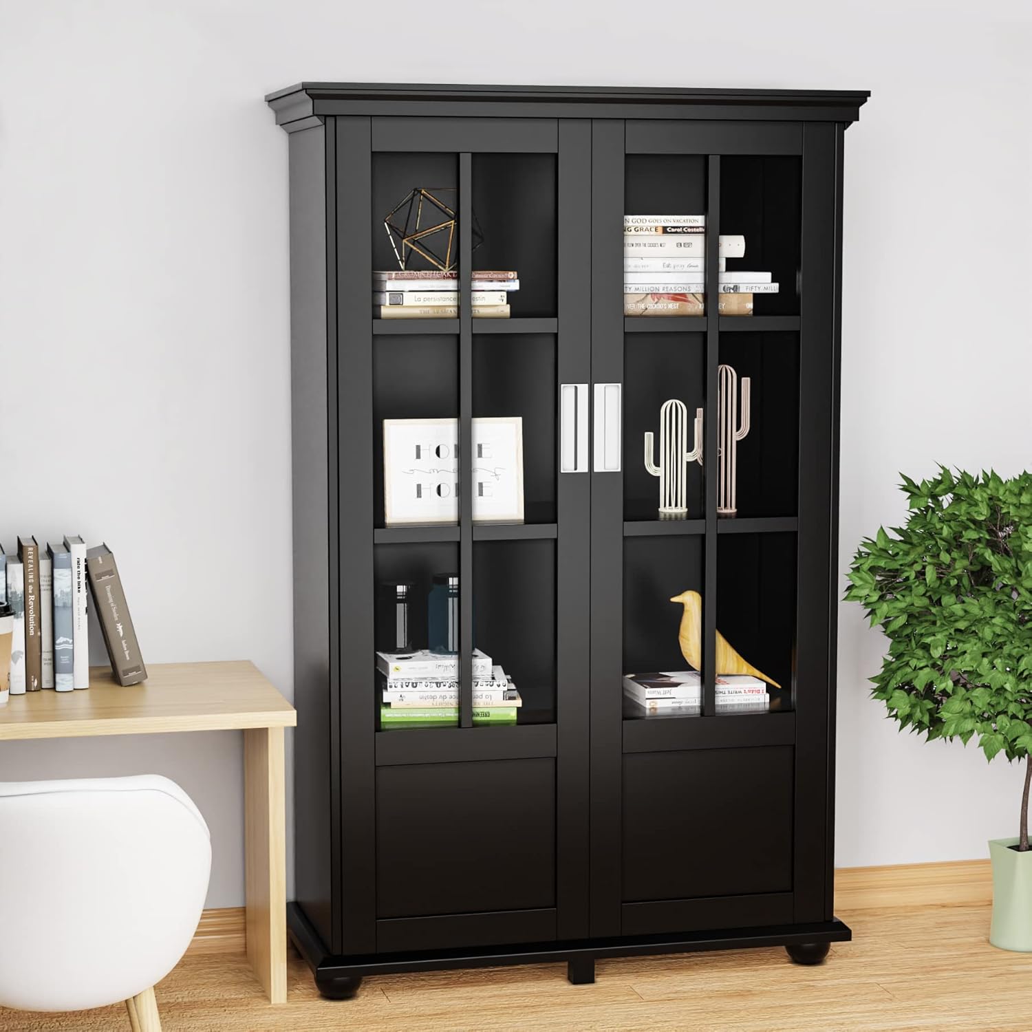Storage Cabinet Bookcase with Adjustable Shelves and 2 Glass Doors B59994