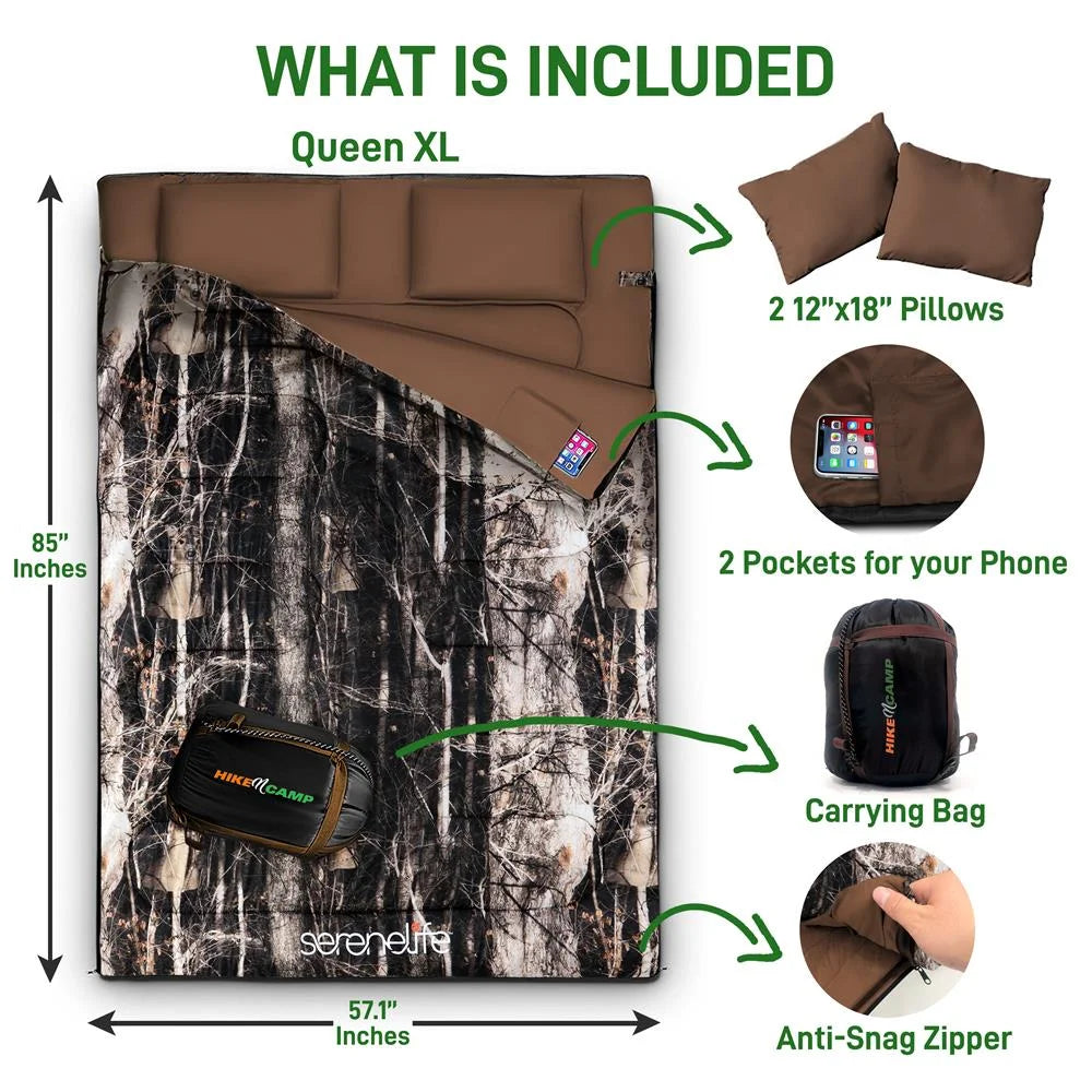 Double Sleeping Bag with Two Pillows, Lightweight & Waterproof, Includes Carrying Bag A399049
