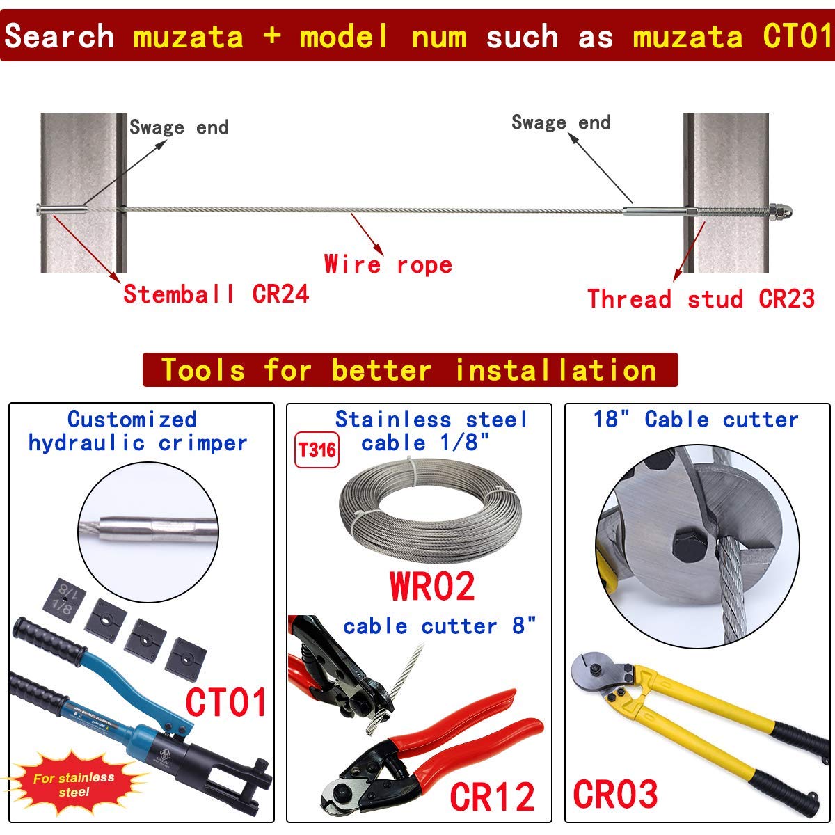 100Pack 1/8 T316 Stainless Steel Cable Railing Kit Hardware Terminal End Fitting S265