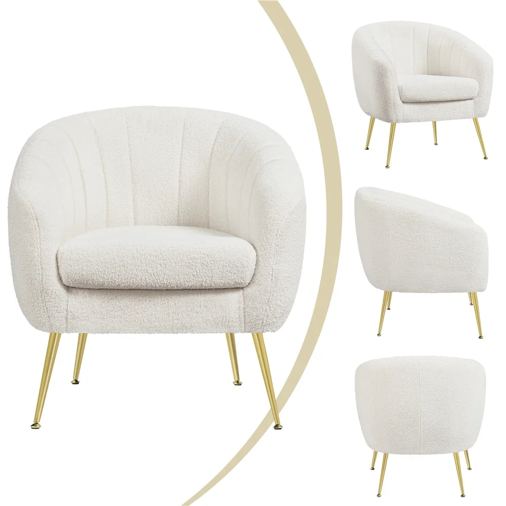 Ivory Tufted Boucle Barrel Accent Armchair with Gold Metal Legs M571