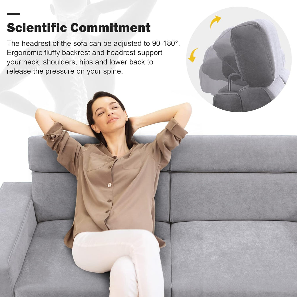 Light Grey Velvet Upholstered Sofa with Adjustable Headrests N136