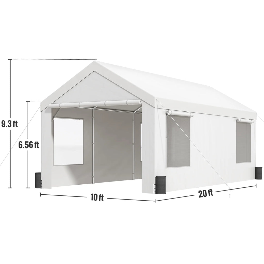 White Carport Canopy 10 x 20 Feet with Side Walls & Windows S579