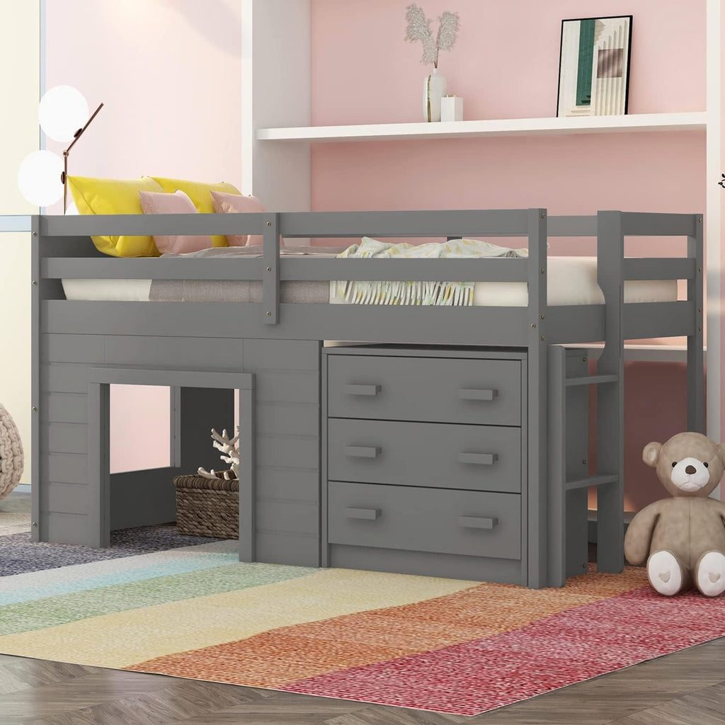 White Wood Twin Low Loft Bed Frame with Storage Drawers and Cabinet C254357