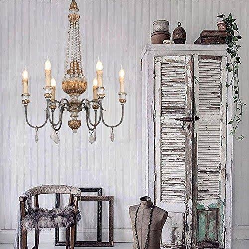 Retro Rustic 6-Light Wood Metal Crystal Candle Style Chandelier B12187