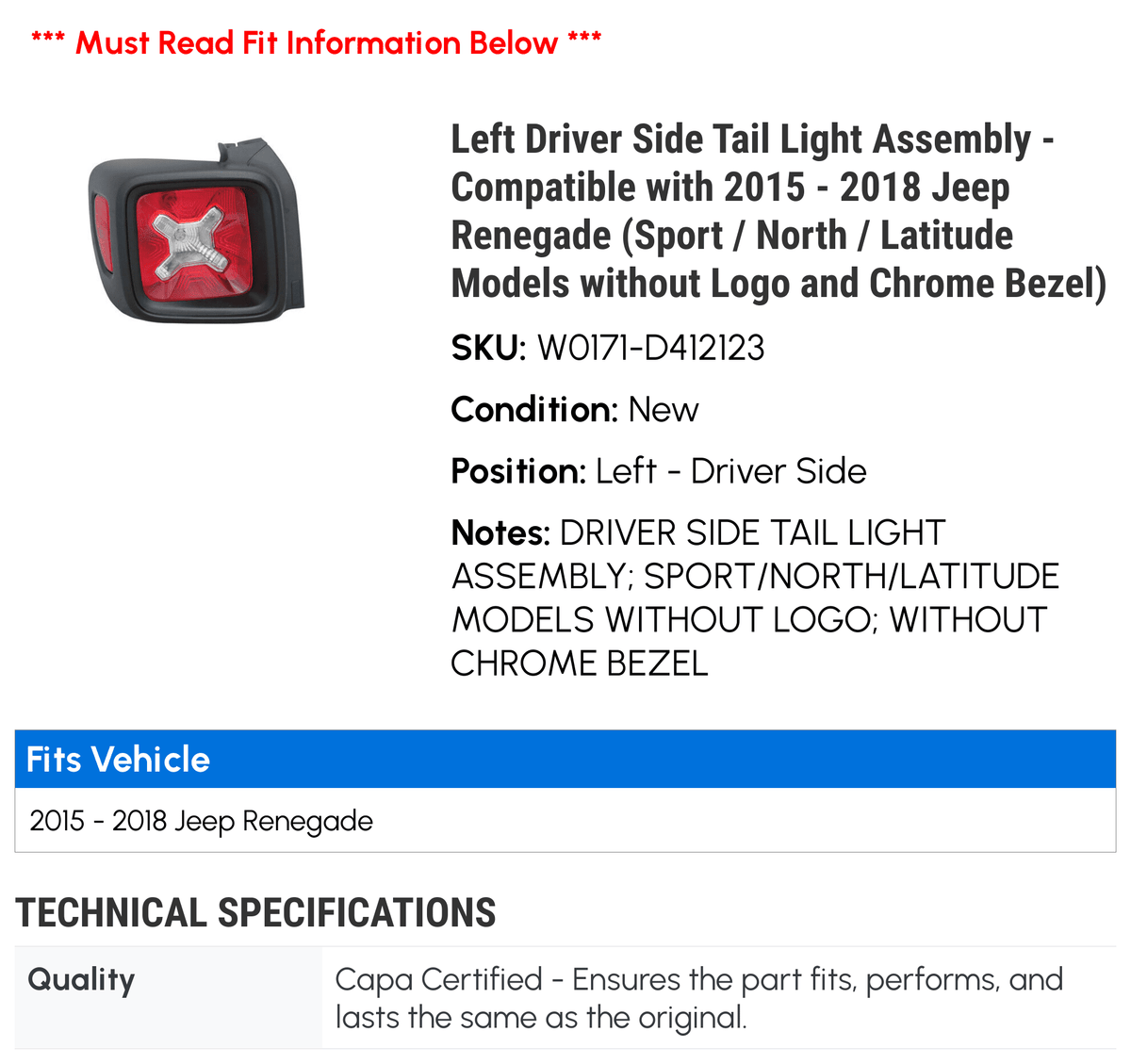 Left Driver Side Tail Light Assembly for Jeep Renegade Z8201
