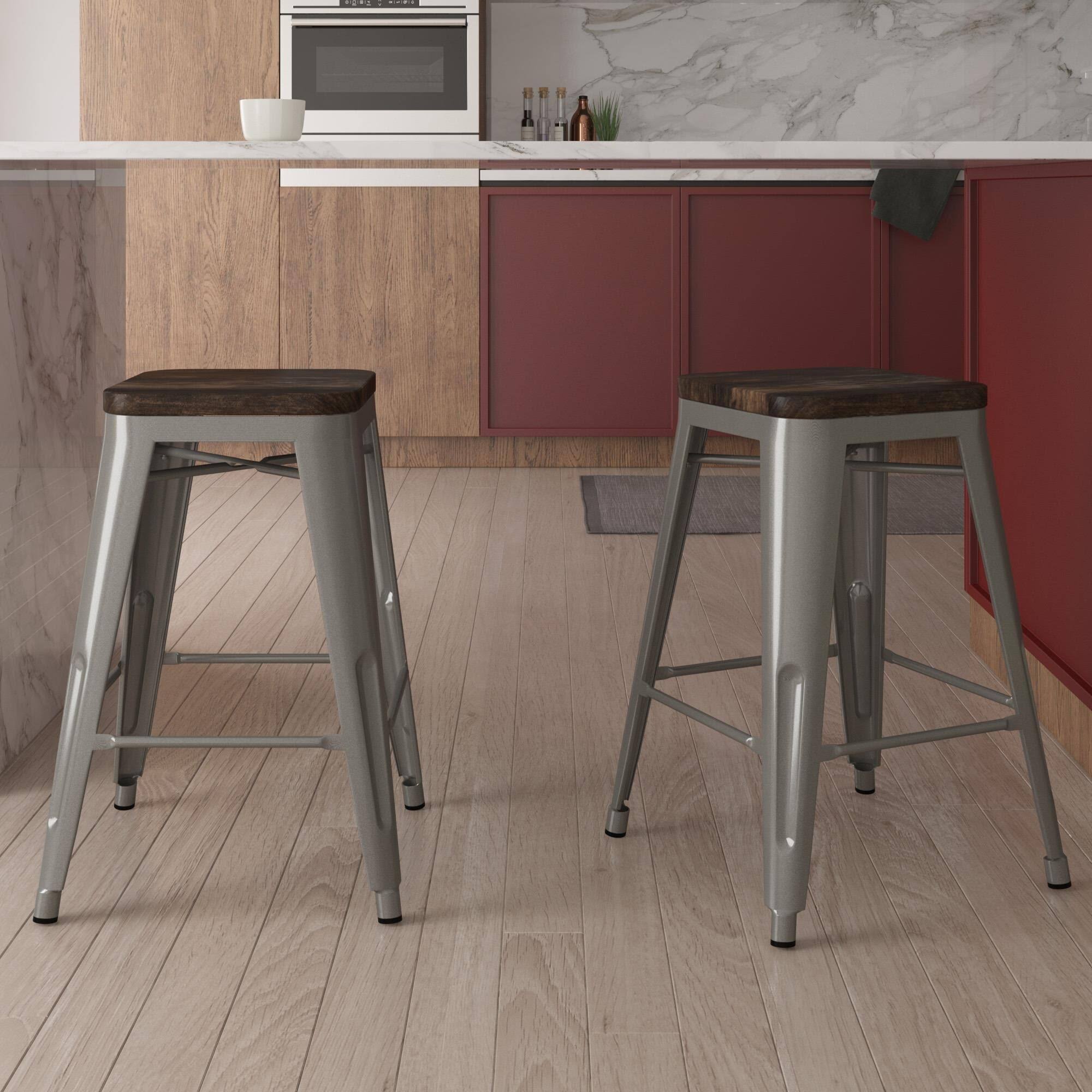 24-Inch Metal Counter Stool with Wood Seat (Set of 2) - Silver S375