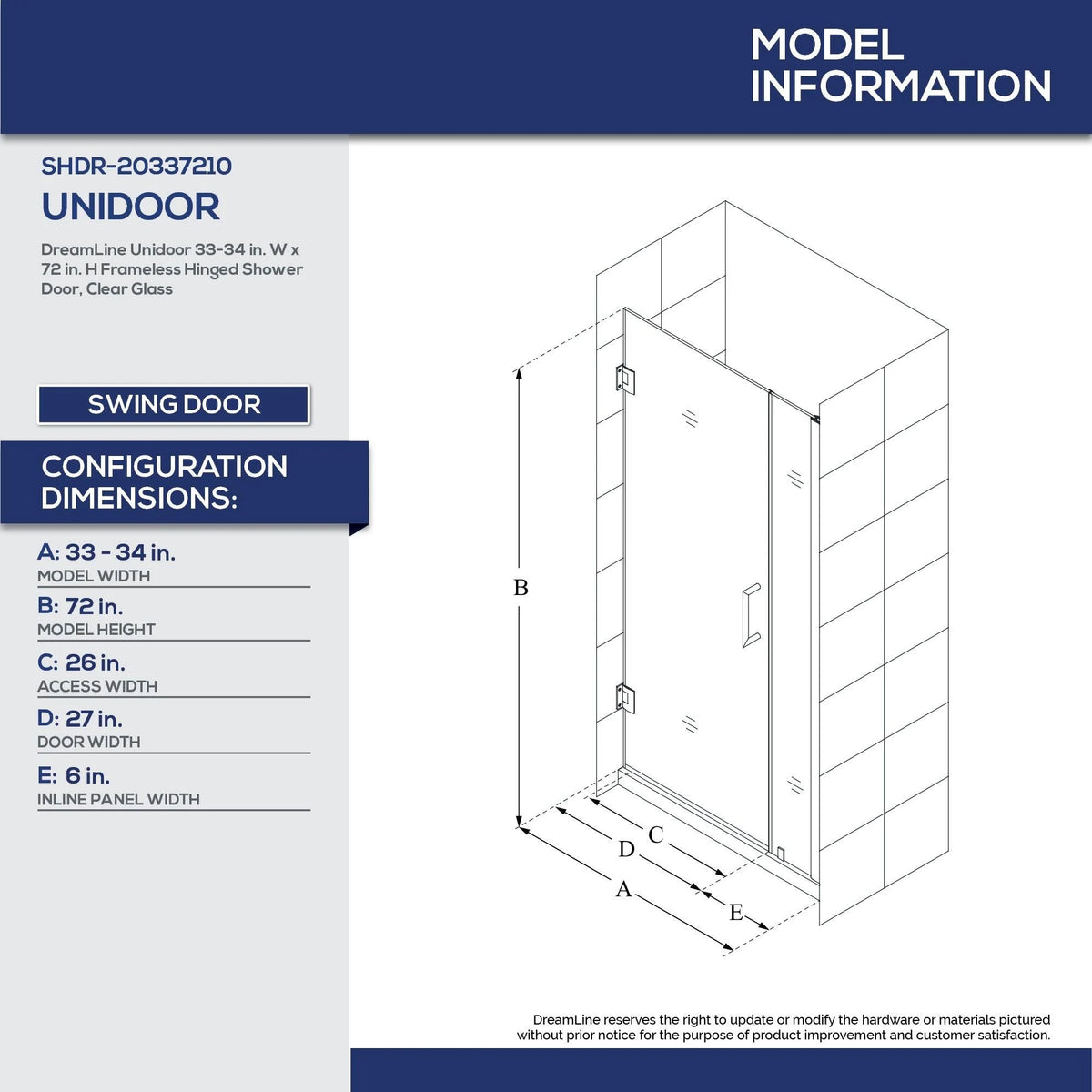 Frameless Hinged Shower Door Chrome Y807