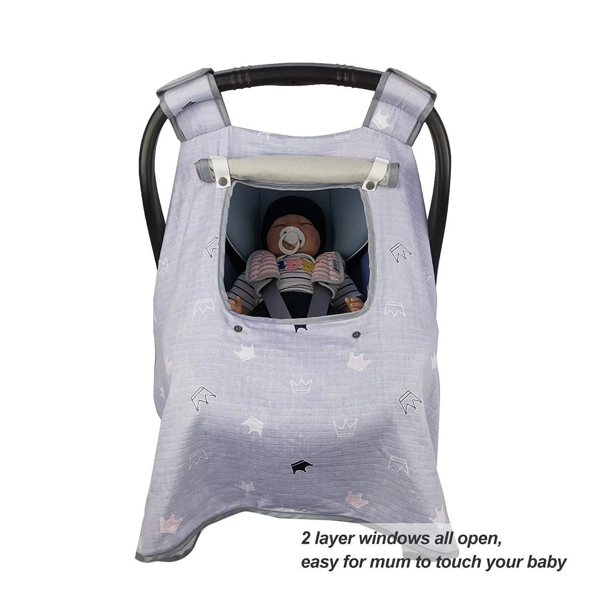 Grey Muslin Car Seat Canopy with Window F332369