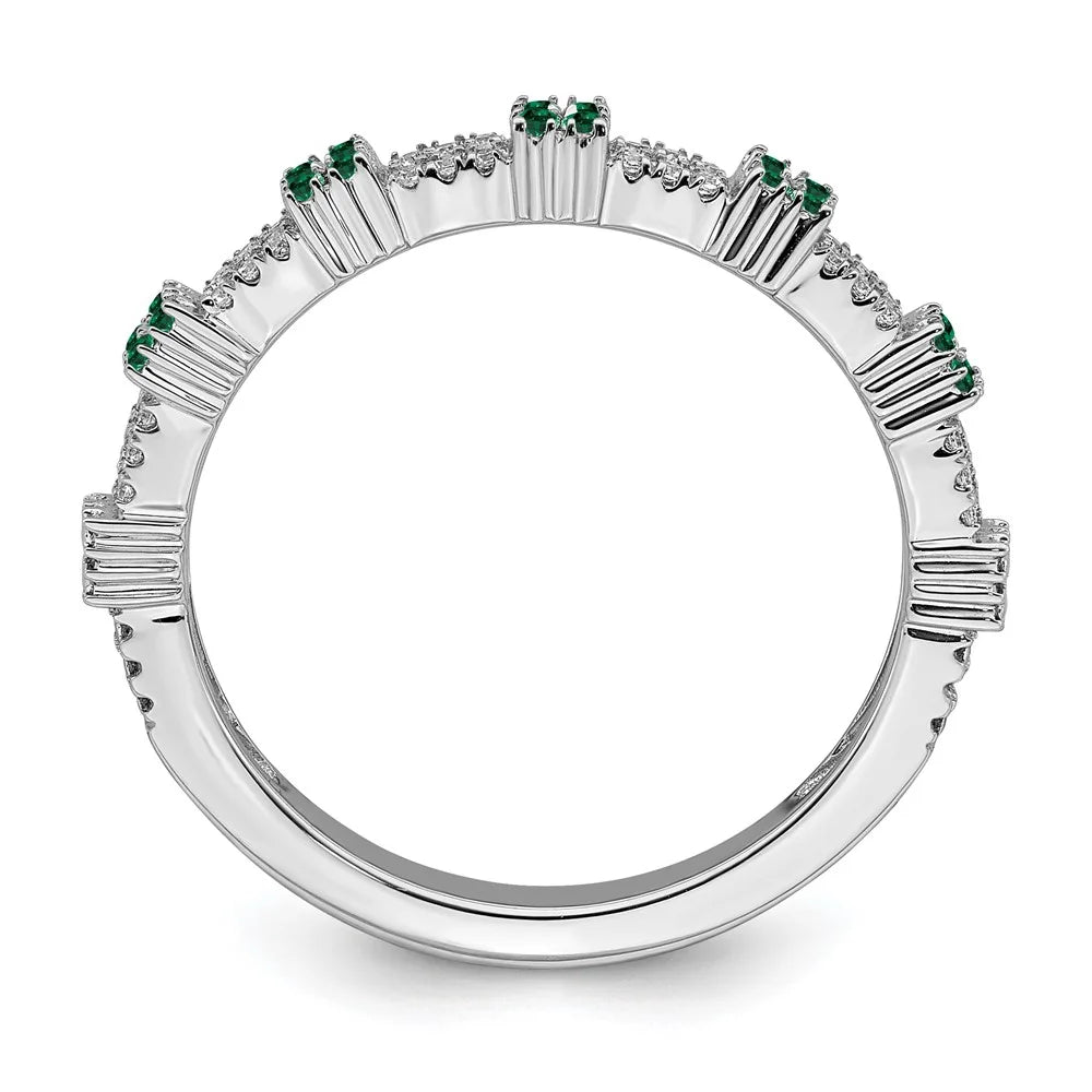 2.5mm Rhodium Sterling Silver Emerald Diamond Stack Band Sz 7 C1755