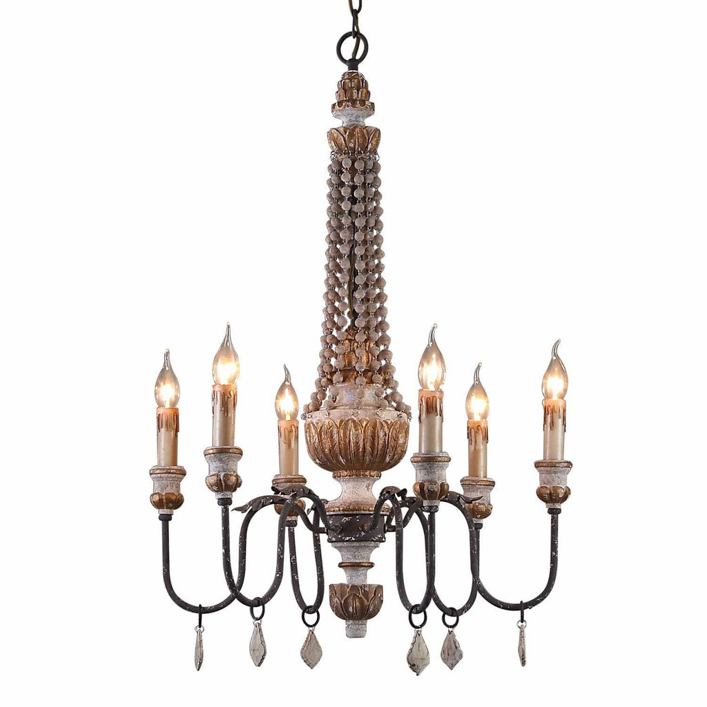 Retro Rustic 6-Light Wood Metal Crystal Candle Style Chandelier B12187