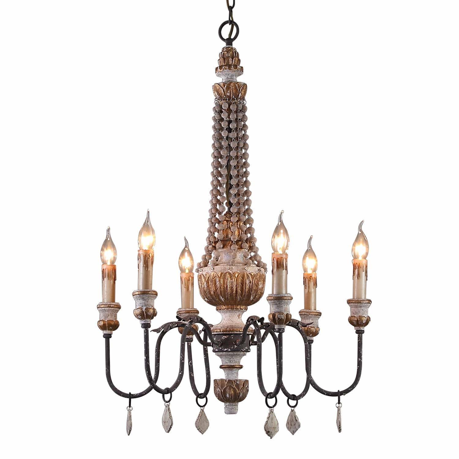 Retro Rustic 6-Light Wood Metal Crystal Candle Style Chandelier B12187