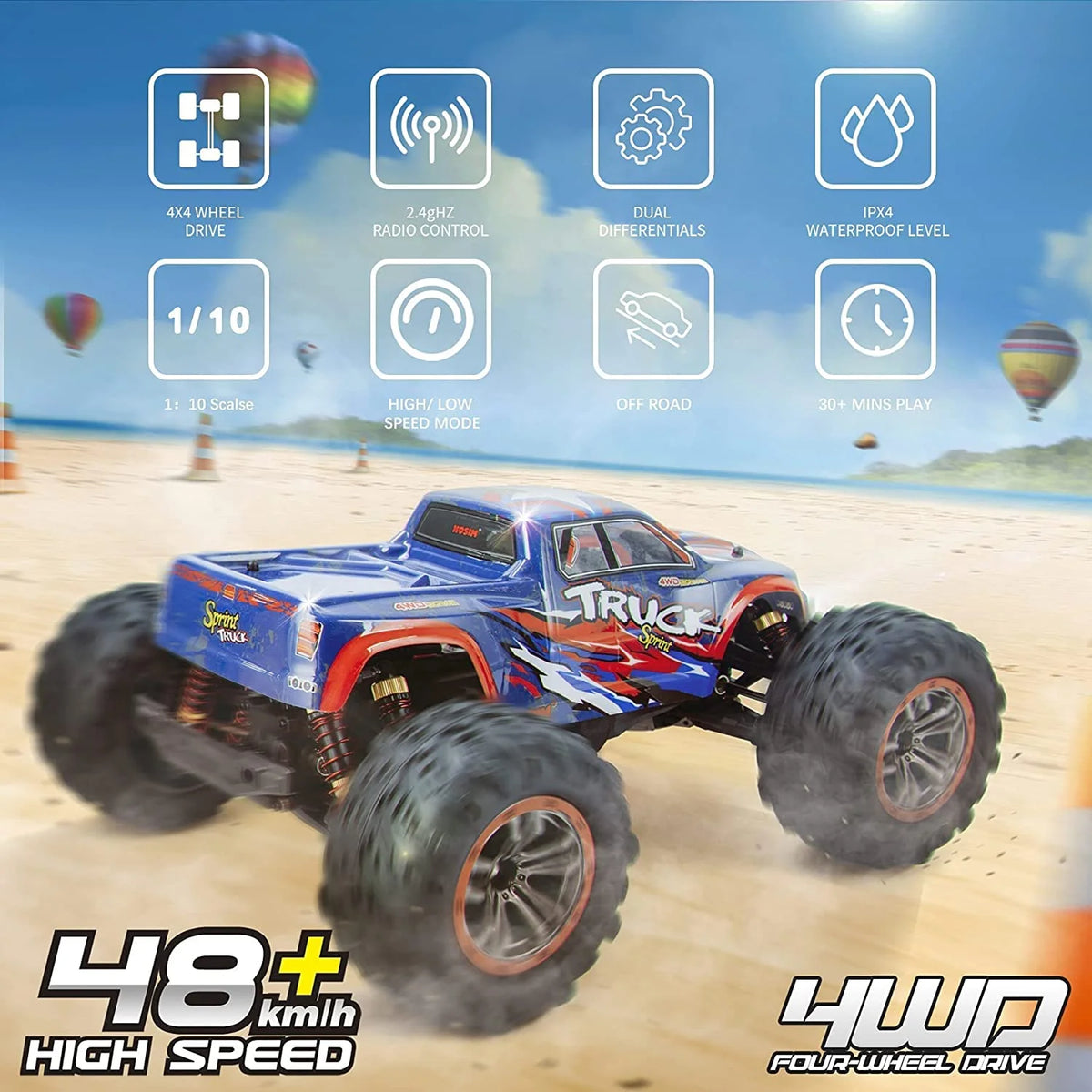 1:10 4WD RC Monster Truck, 48+ KMH, 2 Batteries P194