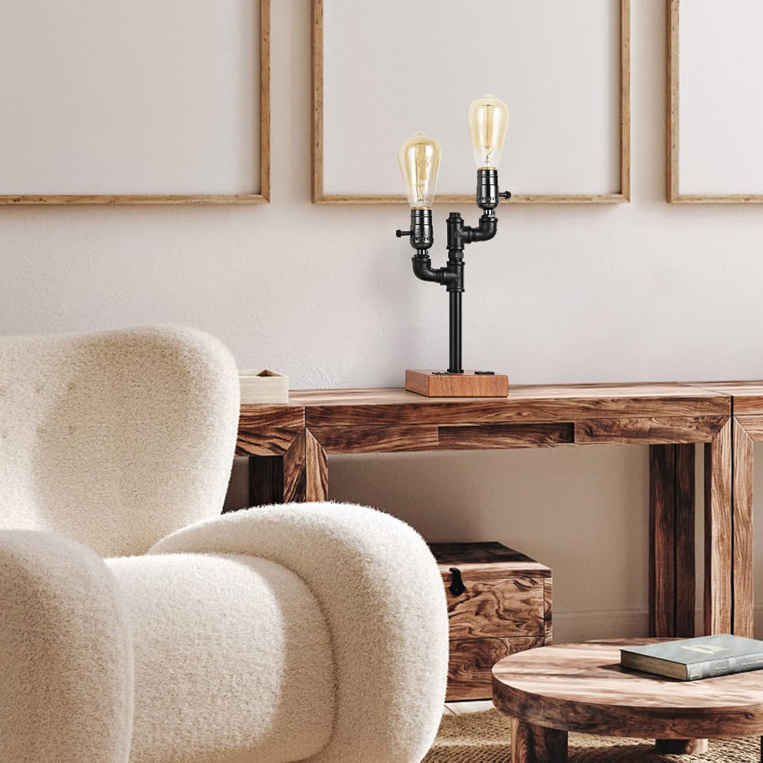 Industrial Table Lamp with 2 USB Ports AC Outlet Wood Base T28061