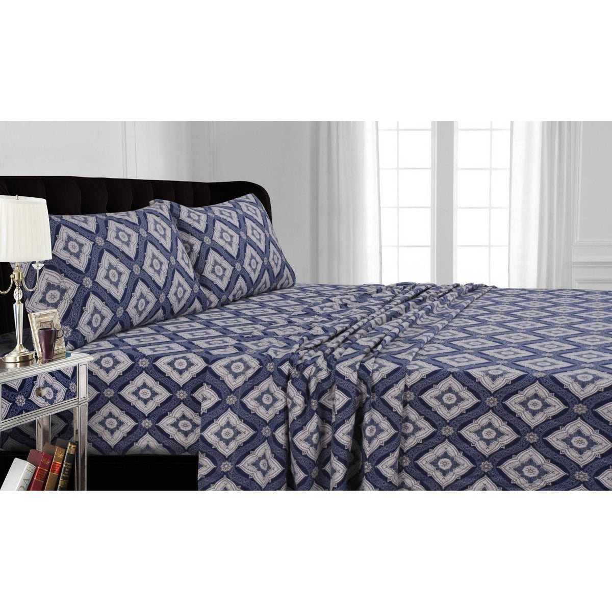 Queen Flannel Damask Printed Extra Deep Pocket Sheet Set W973696