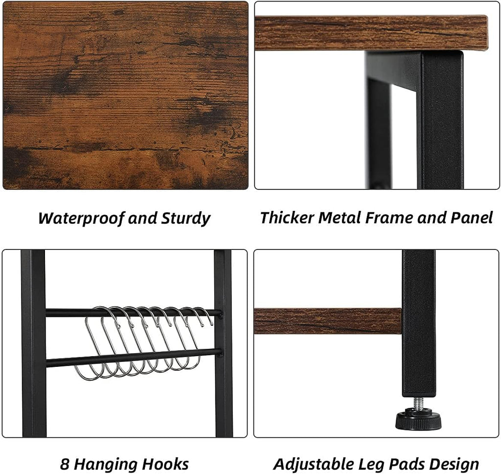 4-Tier Industrial Kitchen Baker's Rack with Storage and 8 Hooks, Rustic Brown B92146