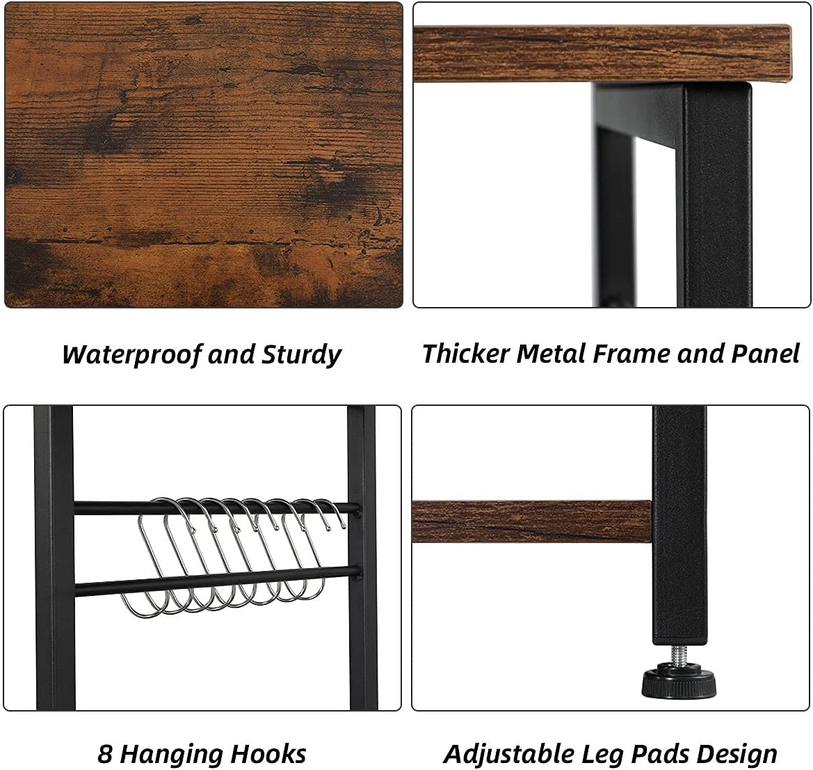 4-Tier Industrial Kitchen Baker's Rack with Storage and 8 Hooks, Rustic Brown B92146