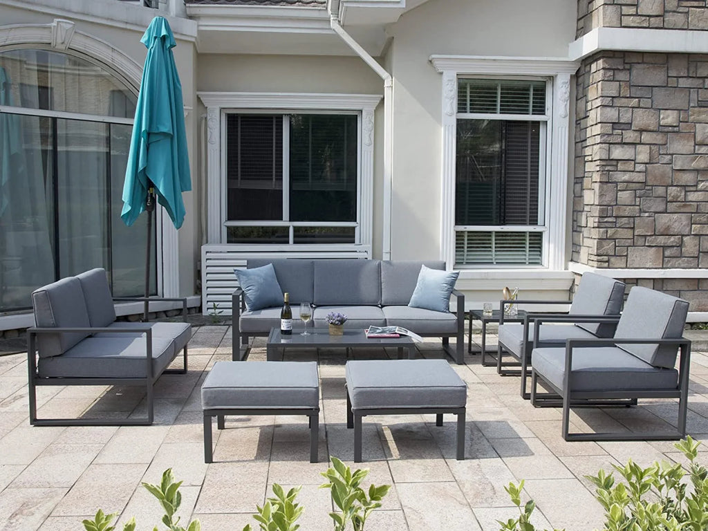 Grey 8 Piece Aluminum Outdoor Sectional Sofa with Ottomans and Coffee Table V27092