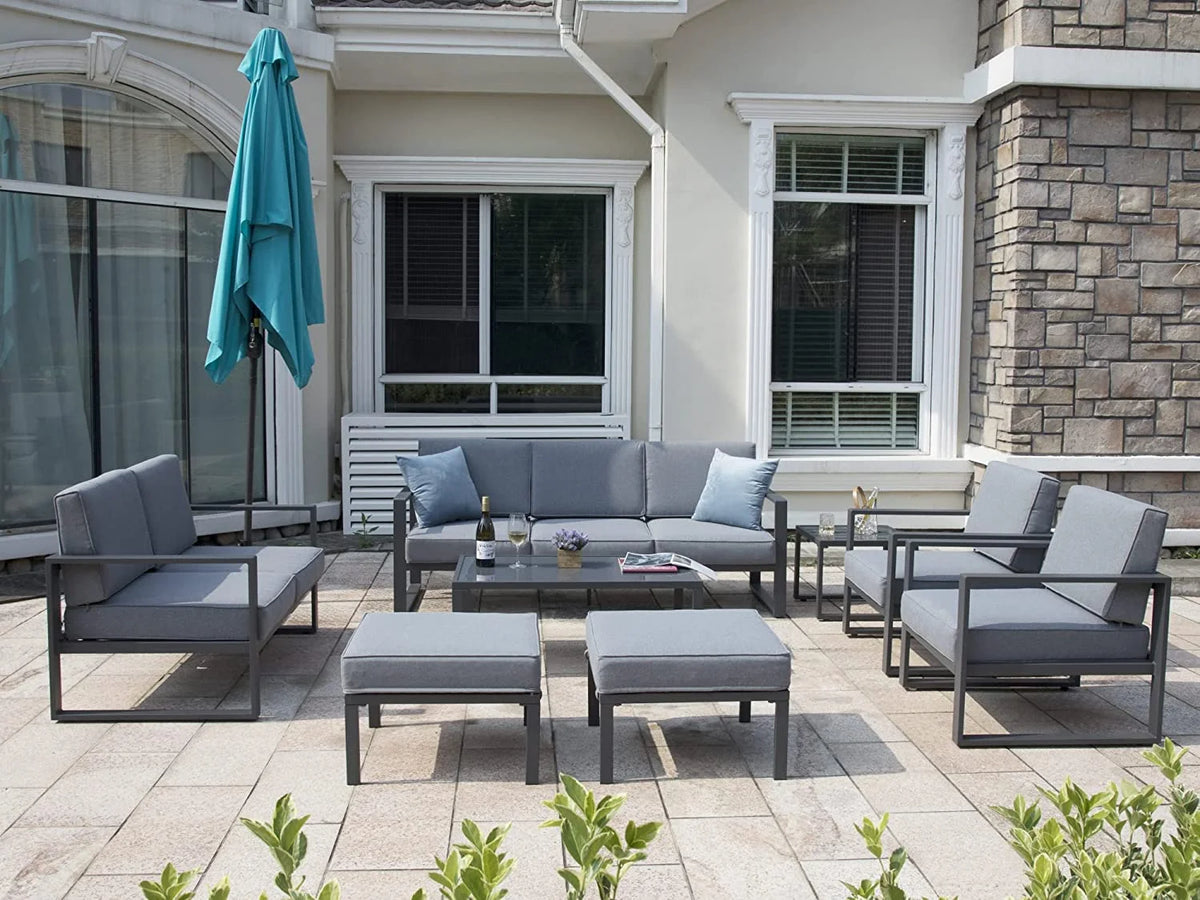 Grey 8 Piece Aluminum Outdoor Sectional Sofa with Ottomans and Coffee Table V27092