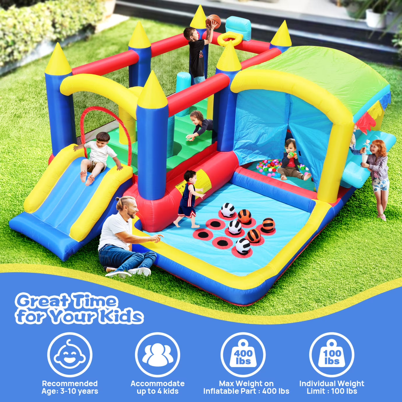 7 in 1 Inflatable Bounce House with Ball Pit & Basketball Hoop N8449