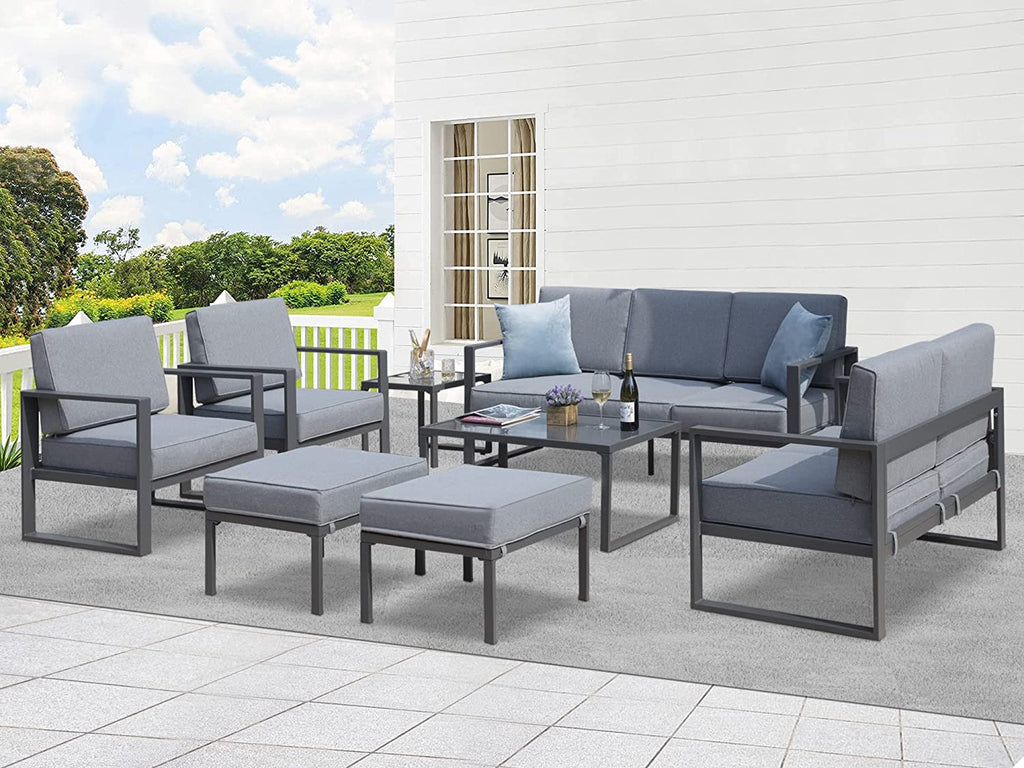 Grey 8 Piece Aluminum Outdoor Sectional Sofa with Ottomans and Coffee Table V27092