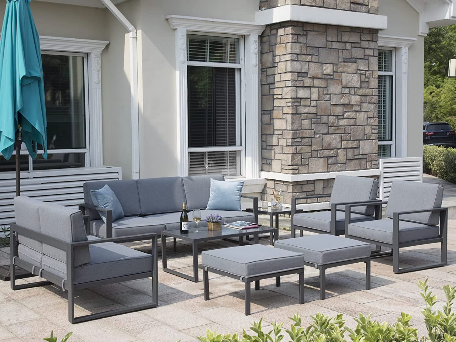 Grey 8 Piece Aluminum Outdoor Sectional Sofa with Ottomans and Coffee Table V27092