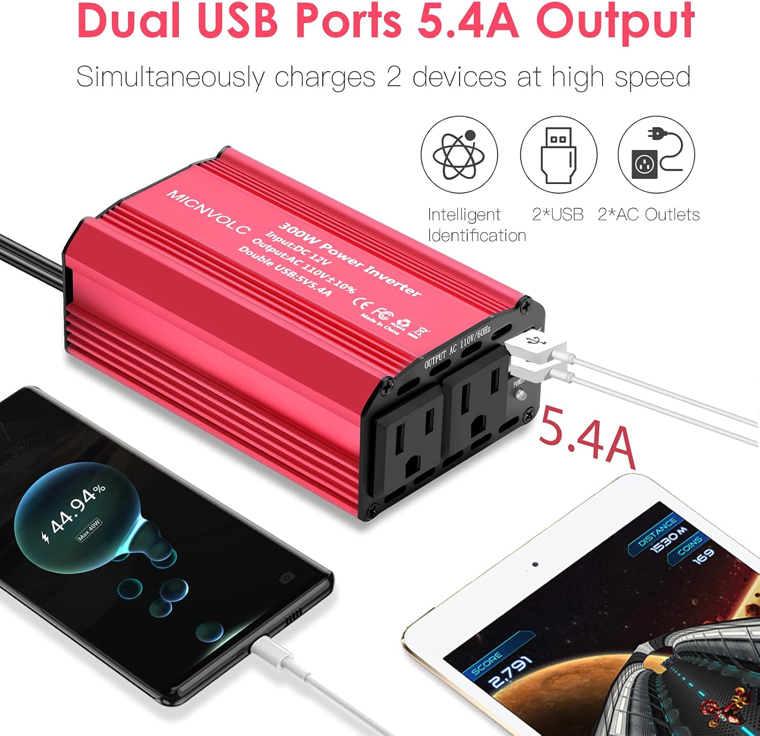 Power Inverter DC 12V to 110V AC 300W Car Inverter Charger with 5.4A Dual USB Pack of 2 Q9227