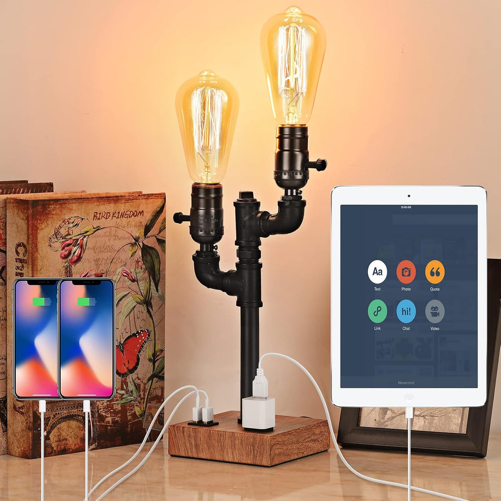 Industrial Table Lamp with 2 USB Ports AC Outlet Wood Base T28061