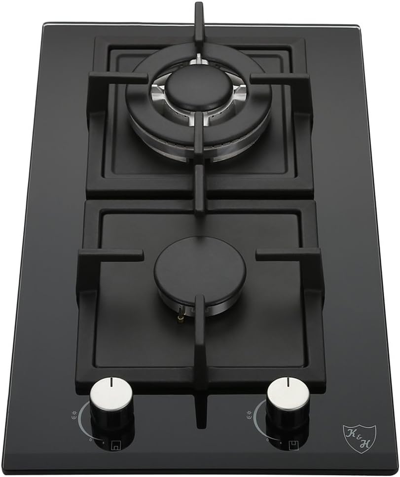 2 Burner 12 Inch Built-in LPG/Propane Gas Stove Top Glass Surface Cast Iron Cooktop K638