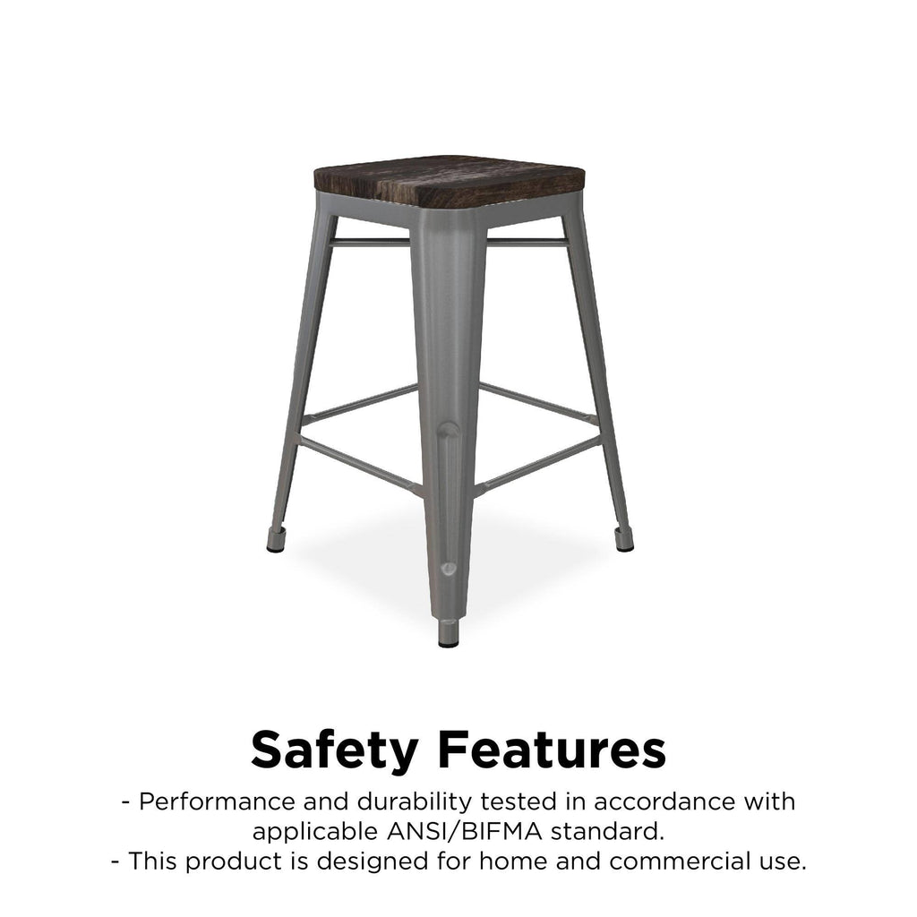 24-Inch Metal Counter Stool with Wood Seat (Set of 2) - Silver S375