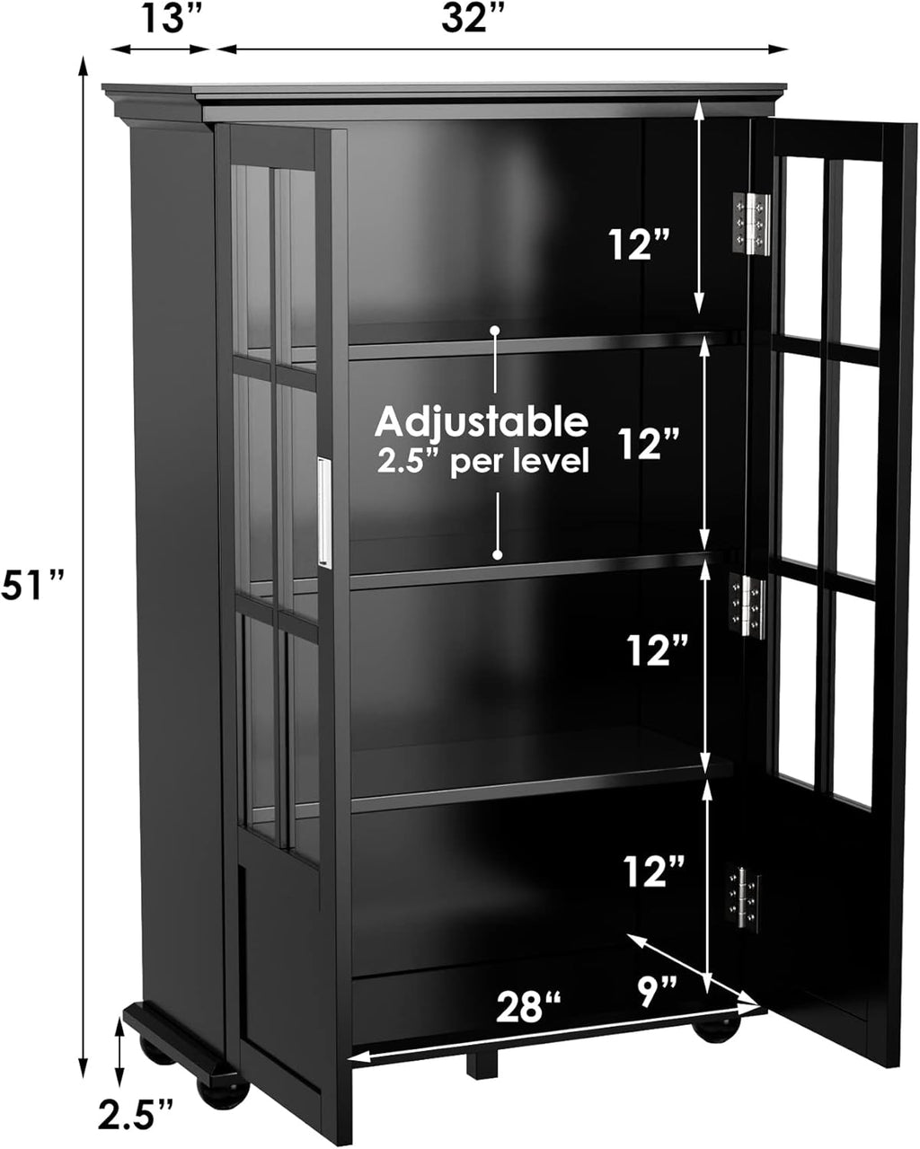 Storage Cabinet Bookcase with Adjustable Shelves and 2 Glass Doors B59994
