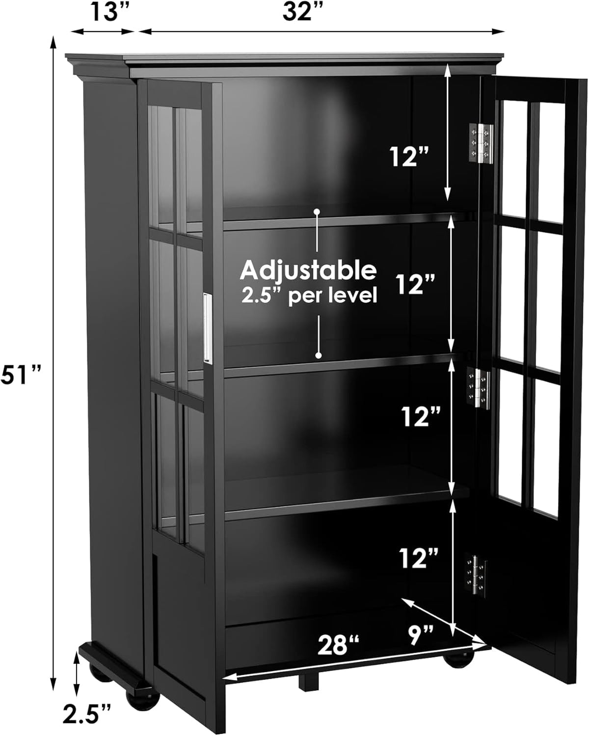 Storage Cabinet Bookcase with Adjustable Shelves and 2 Glass Doors B59994
