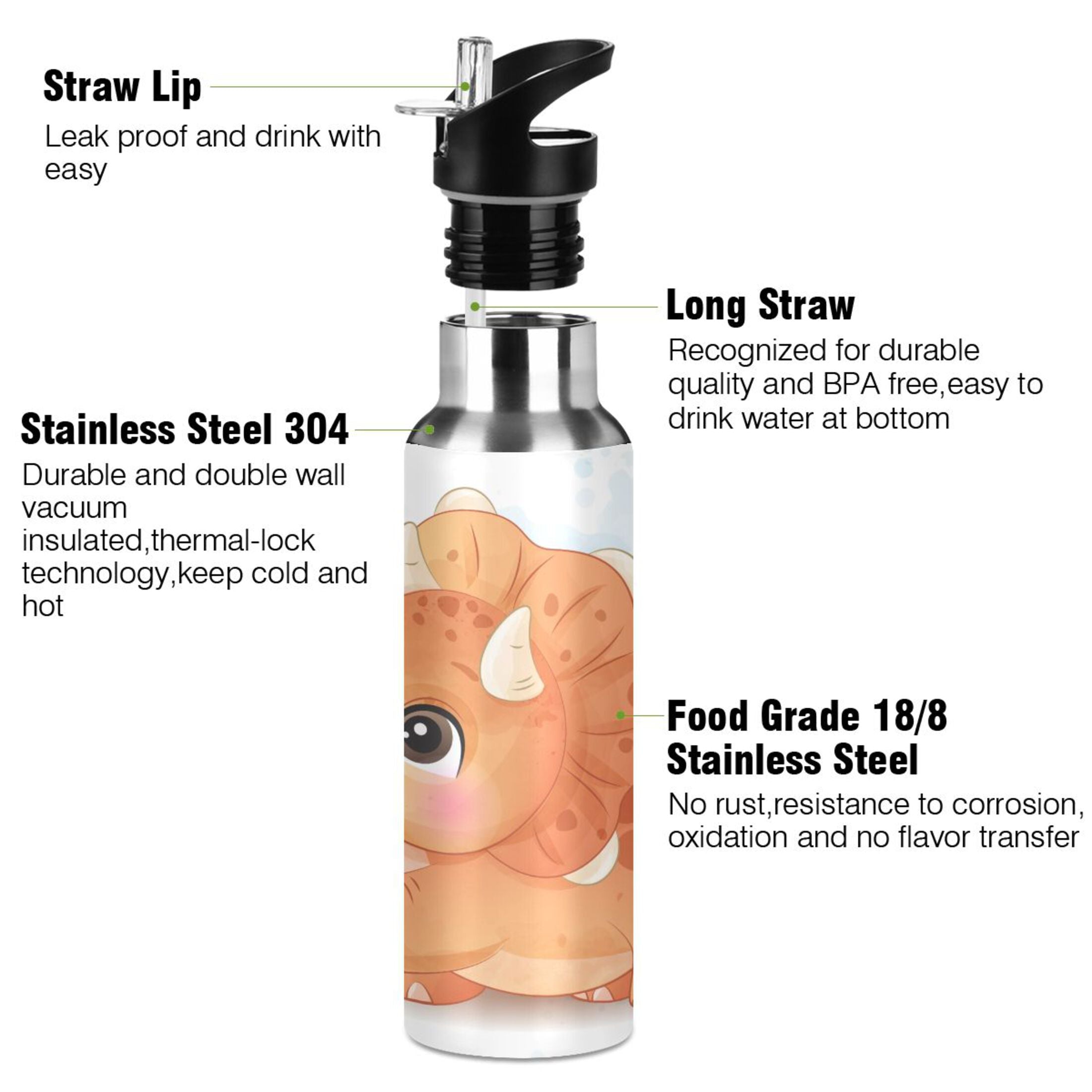 Stainless Steel Insulated Thermos Vacuum Flask Water Bottle with Straw Lid Q626