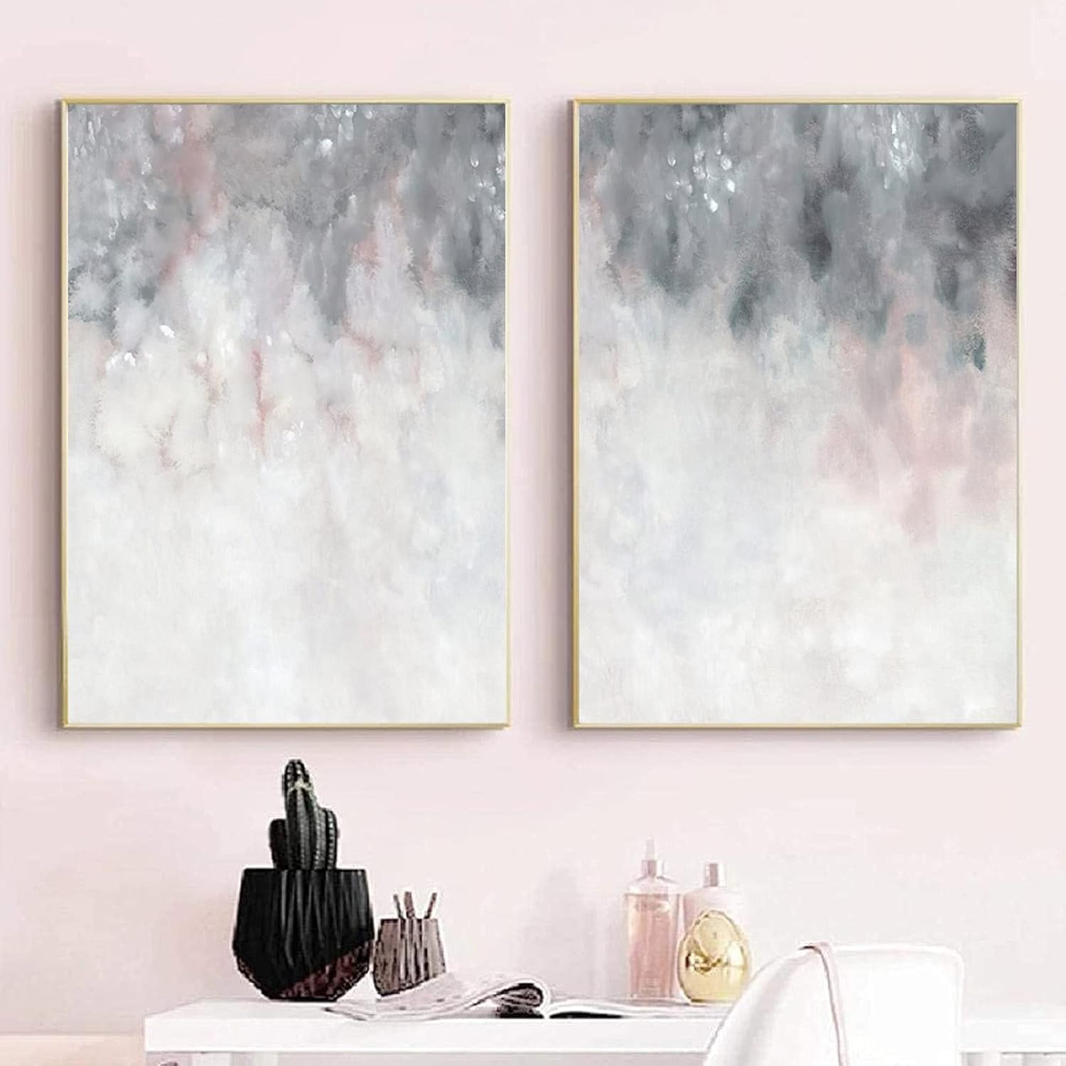 Abstract Gray White Pink Canvas Painting 16x24inchx2 No Frame E468