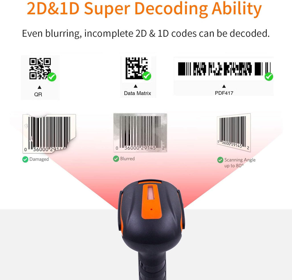 Bluetooth 2D QR Barcode Scanner with Stand, Dustproof and Waterproof, Pack of 2 L2350