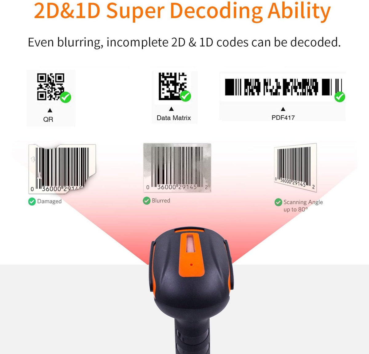 Bluetooth 2D QR Barcode Scanner with Stand, Dustproof and Waterproof, Pack of 2 L2350