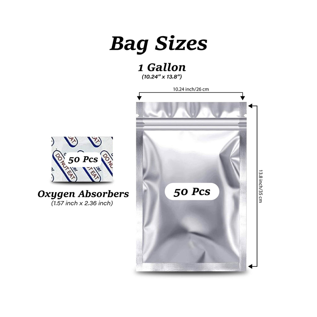 50 Pack 10"x14" 1 Gallon Resealable Mylar Bags with Oxygen Absorbers M94138
